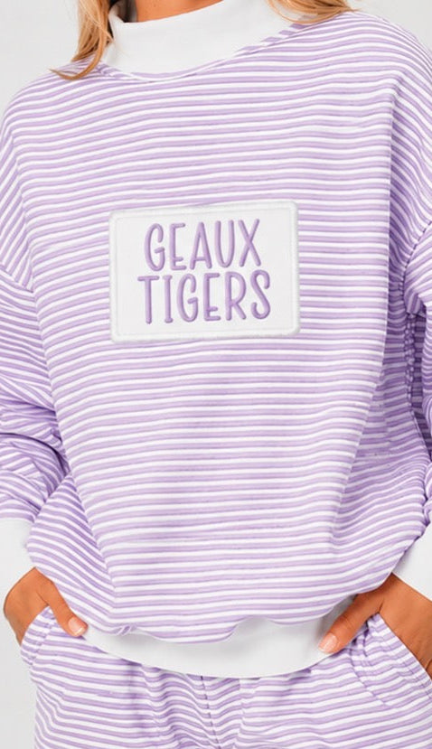 Striped Embroidered Mock Neck