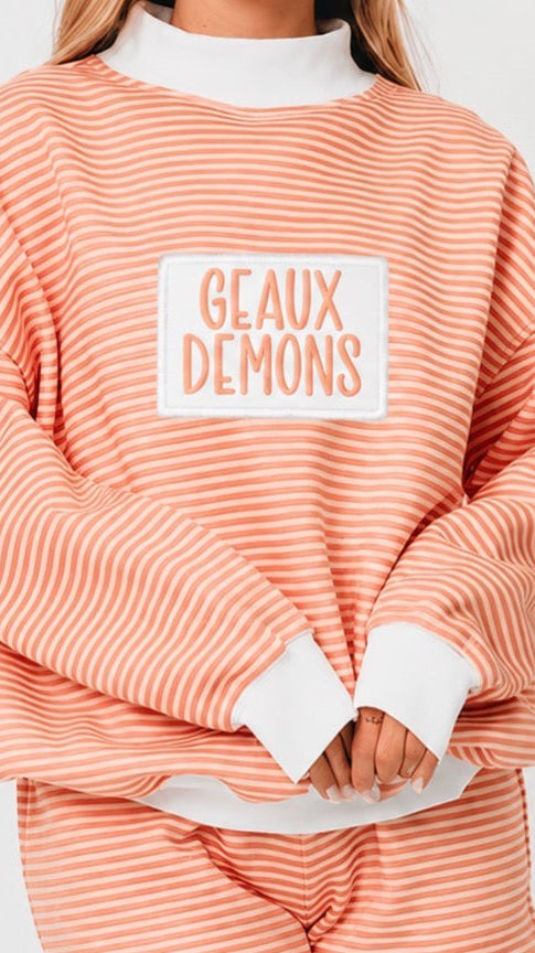 Striped Embroidered Mock Neck